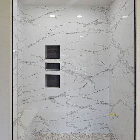 Project Master bathroom, large format tiles marble look, pebble, Castle Pines, Colorado ' image - ' 5