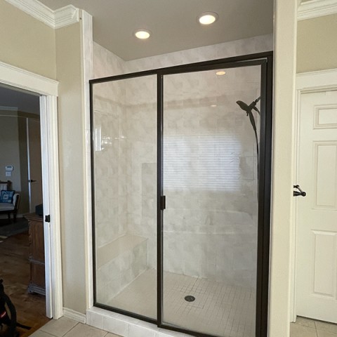 Project Master bathroom, large format tiles marble look, pebble, Castle Pines, Colorado ' image - ' 1