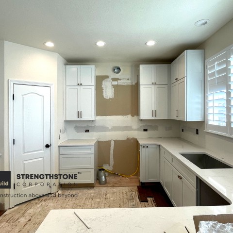 Project Kitchen backsplash, white tiles, white and blue cabinets, Castle Rock, Colorado ' image - ' 6