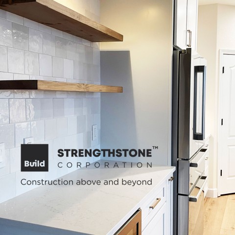 Project Kitchen backsplash, white tiles, white and blue cabinets, Castle Rock, Colorado ' image - ' 4