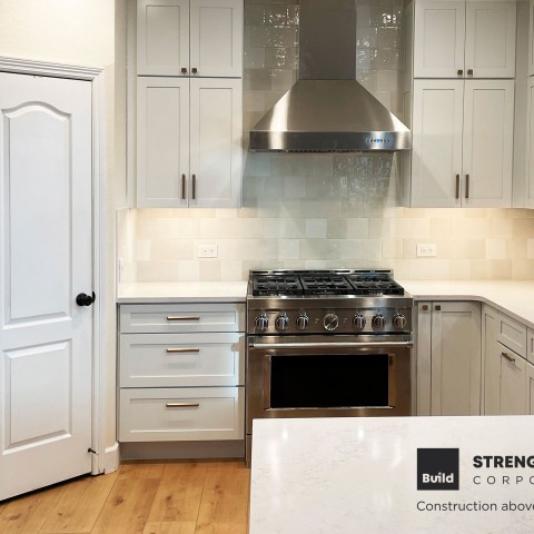 Project Kitchen backsplash, white tiles, white and blue cabinets, Castle Rock, Colorado ' image - ' 2