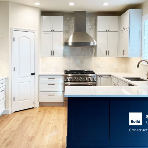 Project Kitchen backsplash, white tiles, white and blue cabinets, Castle Rock, Colorado ' image - ' 1